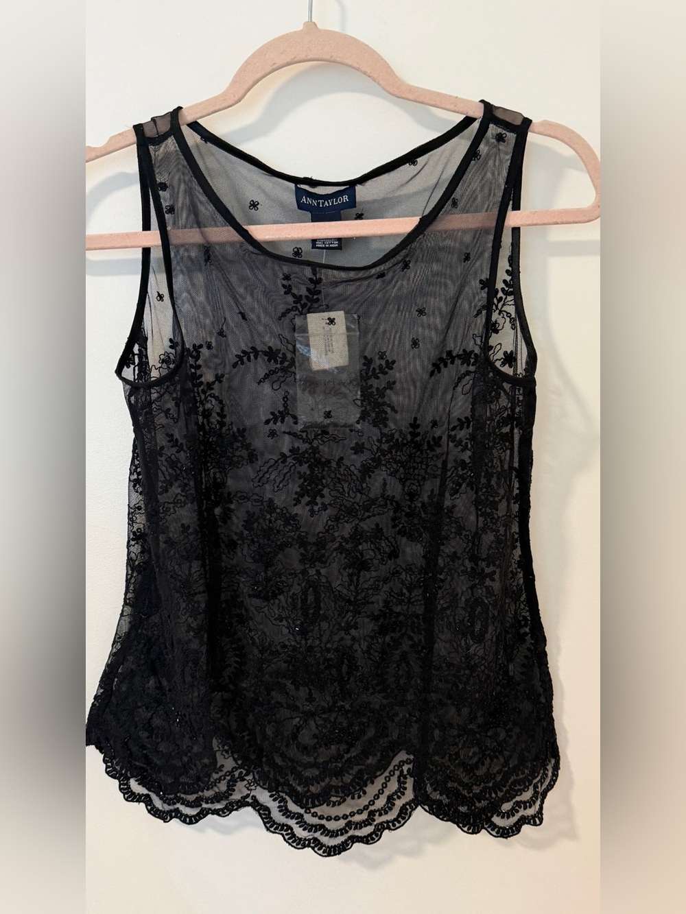 New Ann Taylor black lace top features intricate floral embroidery